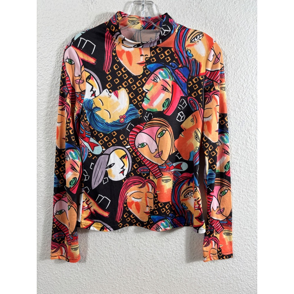 Unbranded Artsy Abstract Faces Mock Neck Top Y2K Style Pop Art Graphic Print S